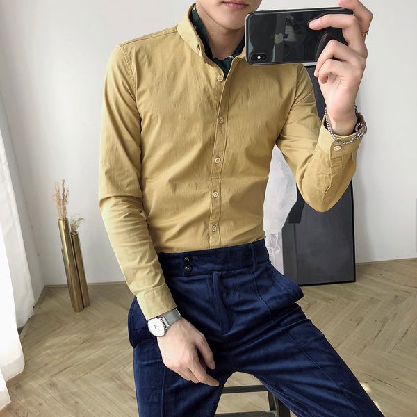 

2018 autumn and winter korean version of the self-cultivation men's solid color long-sleeved shirt fashion england cotton shirt, White;black