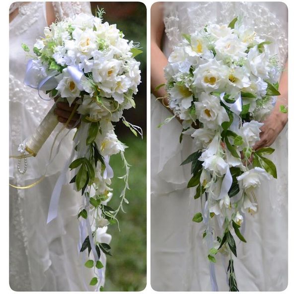 Acheter Fleurs De Mariée Artificielles Bouquet De Mariée Décorations De Mariage En Lys Artificiel Rose Avec Cascade Fleur Rotin Wq32 De 4825 Du