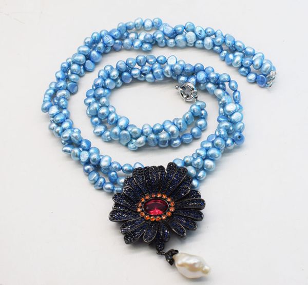 

3rows freshwater pearl blue baroque 5-7mm and flower pendant necklace 19inch fppj wholesale beads nature, Silver