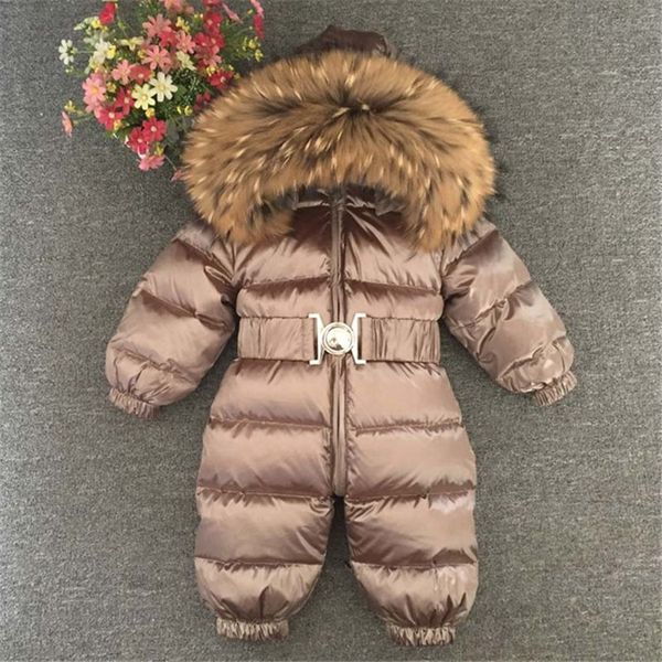 

2018 winter baby rompers kids boys girls snow wear snowsuit toddler hooded fur collar duck down jumpsuit thick children clothing outerwear, Blue