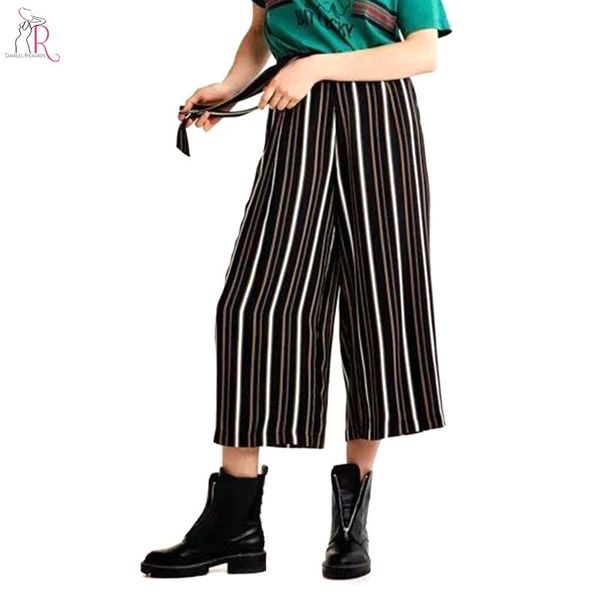 

black stripe elastic waist wide leg pants high waist casual loose women trousers 2018 new fashion style spring ladies pants, Black;white
