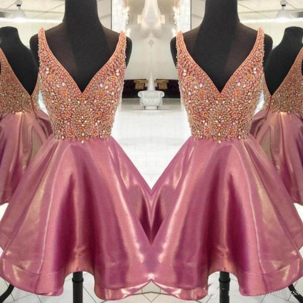 

Gorgeous Beaded Short Prom Dresses Sexy V Neck Sleeveless Evening Gowns Open Back Homecoming Party Dress Cocktail Formal Wear