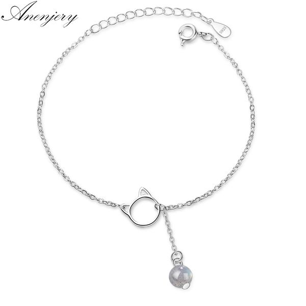 

anenjery 925 sterling silver cat natural strawberry crystal moonstone tassel bracelet for women girl pulseira feminina s-b179, Black