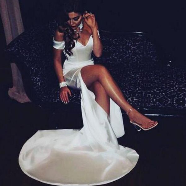 

new arrvial white prom party dress sweep train long formal dress side split evening dress, Black