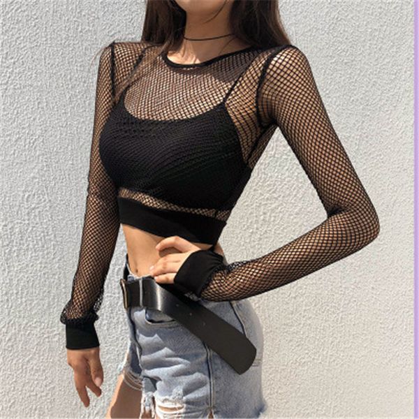 

2018 summer fashion women's new mesh hollow out short perspective long-sleeve t-shirt bottoming shirt, White