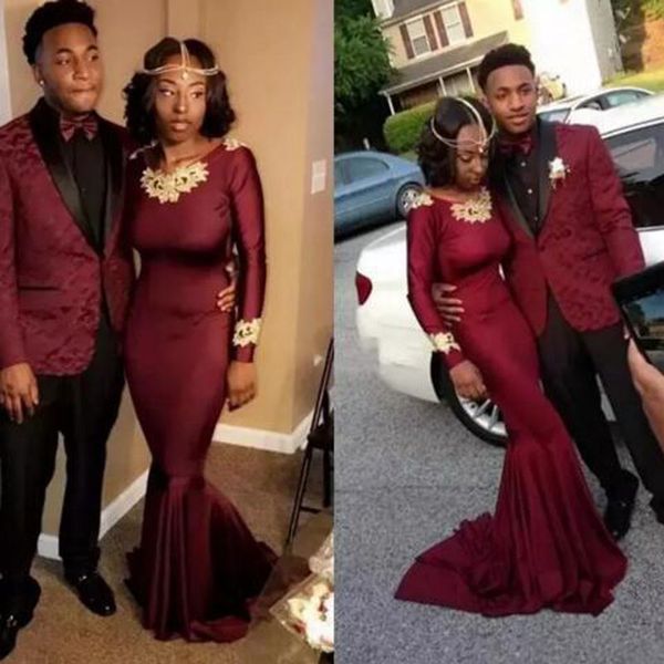 

sell burgundy mermaid prom dresses black couple fashion long sleeves with gold appliques formal evening party gowns custom made