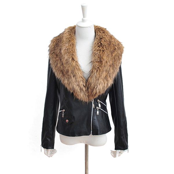 

faroonee pu leather jacket with faux fur collar women autumn coat female slim short outerwear overcoat plus size 3x q1660, Black;brown
