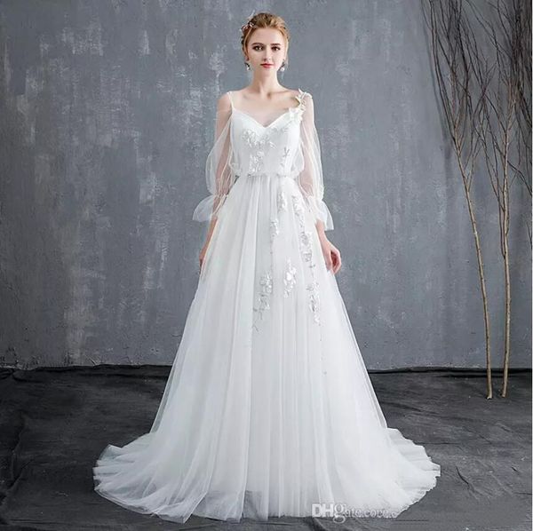 

фея половина рукава богемные свадебные платья дешевые пляж элегантные свадебные платья прозрачные кружева аппликации длина пола a-line сваде, White