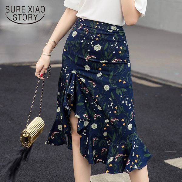

new 2018 floral fashion women skirts high waist irregular print chiffon skirt ruffle split mid-length summer skirt 0716 40, Black