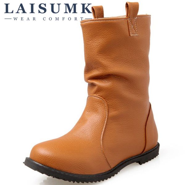 

2019 laisumk fashion spring autumn women casual boots princess sweet mid-calf boots leather, Black