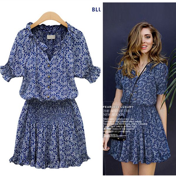 

Women ruffle hort leeve chiffon printing flower ca ual mini dre for lady girl fa hion