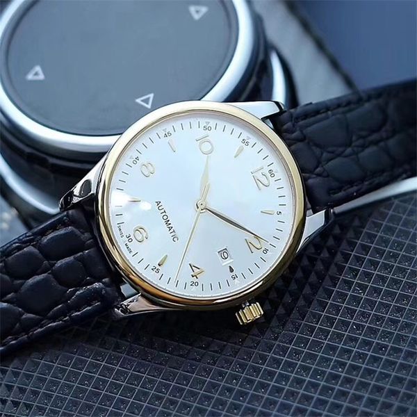 

40mm men's wristwatches 316l stainless steel case white dial black leather band japan automatic movement luxury casual mens watches l39, Slivery;brown