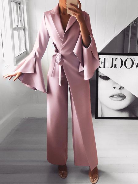 

2018 autumn women fashion elegant long sleeve workwear formal party romper irregular flared sleeve knot side wide leg jumpsuit, Black;white