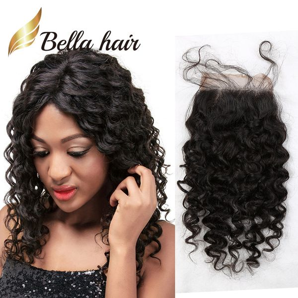 Bella Hair, vorgezupfter Spitzenverschluss, 4 x 4, Top-10A-Qualität, lockiges Echthaar, natürliche Farbe