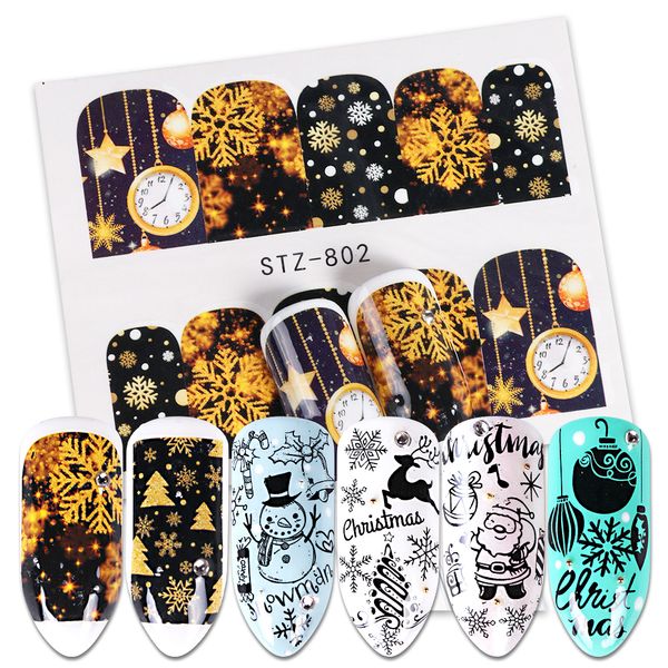 

1pcs nail water decals christmas sliders stickers gold black santa claus snowman stars deer trees adhesive manicure 797-808