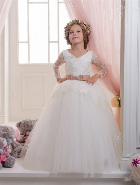 

new 2019 long sleeve flower girl dresses for vintage wedding crew neck applique puffy tutu custom made baby first holy communion dress cheap, White;blue