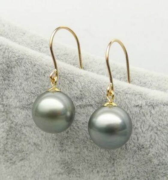 

ing gray green real tahitian pearl drop dangle earrings 14k yellow gold hook 10-11mm, Golden;silver