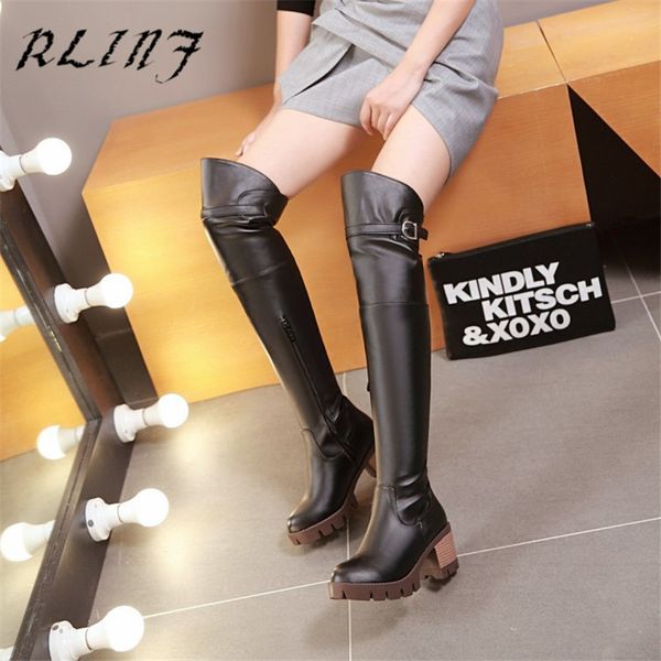 

rlinf long tube elastic over the knee high heel belt buckle large size high tube female boots, Black