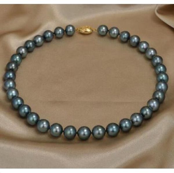 

18" 11-12 мм круглый таитянский черный зеленый натуральный жемчуг ожерелье желтый застежка, Silver