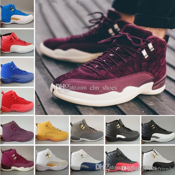

12 mens basketball shoes bordeaux dark grey white flu game gym red playoffs taxi gamma french blue suede barons 12s us8-13
