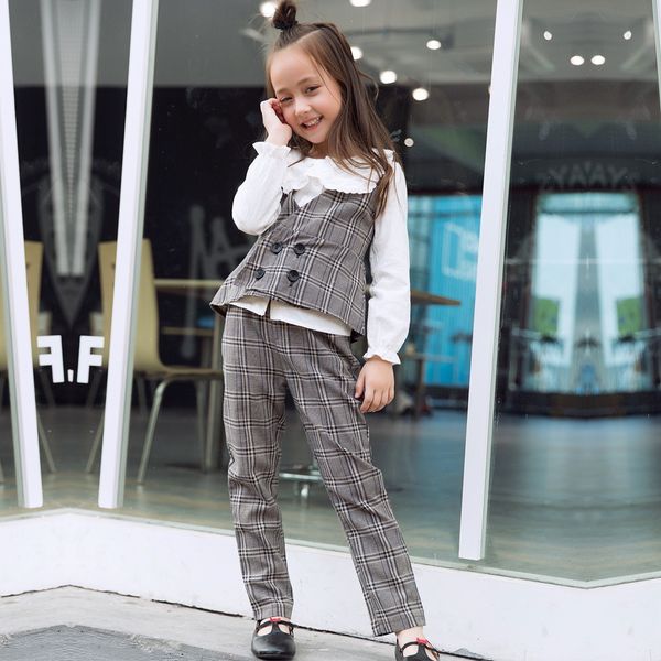 

spring and autumn sling lattice suit vest suit set children's english two piece set korean version of girl's dress, White