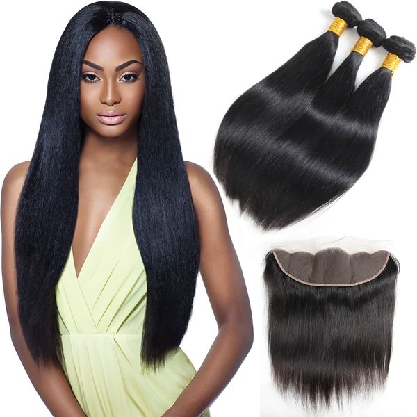 Straight Peruvian Hair Weave Human Hair 3 Bundles With 13x4 Lace