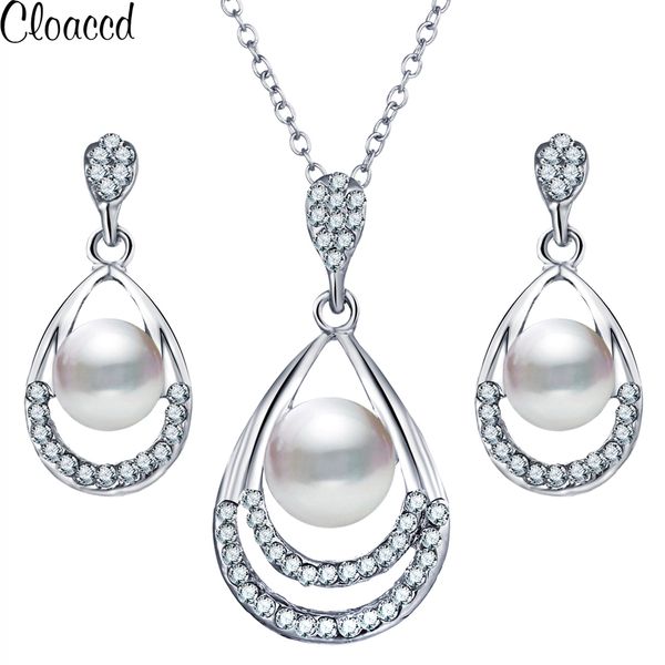 

cloaccd fashion simulated pearl jewelry sets for women oval necklace crystal earrings bridal wedding party jewelry accessories, Silver