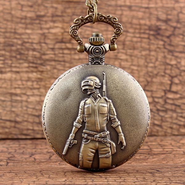 

vintage steampunk hollow handsome soldier with gun quartz pocket watch for pubg theme cos pocket watch with necklace fob chain, Slivery;golden