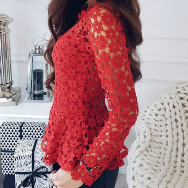 

2018 blouses lady shirts spring summer floral crochet lace shirt long sleeve women cut out lace blusas peplum 2xl gv469, White