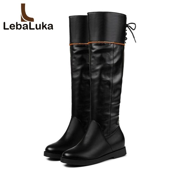 

lebaluka women knee high boots shoes lace up round toe warm fur shoes woman inside heels long boots zip winter size 30-43, Black