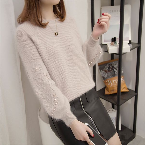 

2018 rhinestone ans faux fur embellished cuff jumper grey crew neck casual pullovers autumn elegant long sleeve sweater, White;black