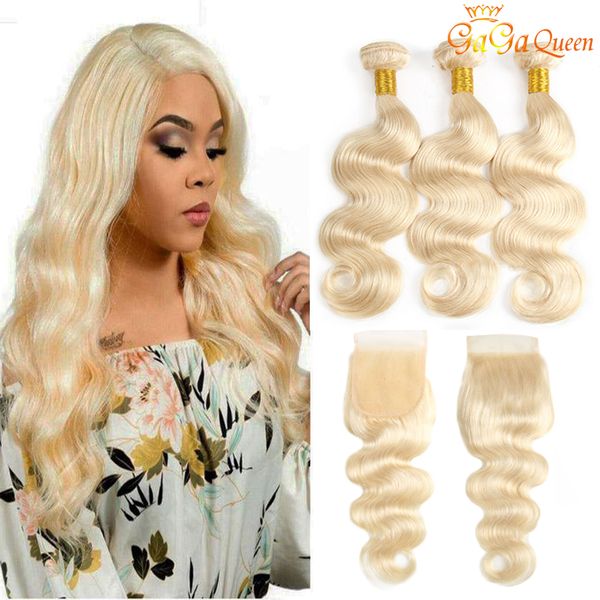 

613 blonde virgin hair body wave with closure 3 bundles 613 human hair body wave with 4x4 lace closure, Black;brown