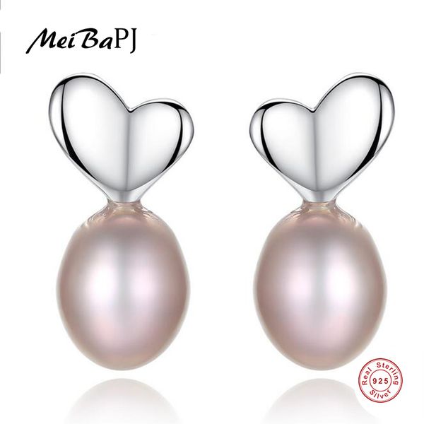 

meibapj] natural pearl love heart stud earrings real 925 sterling silver fashion earrings for women, Golden;silver