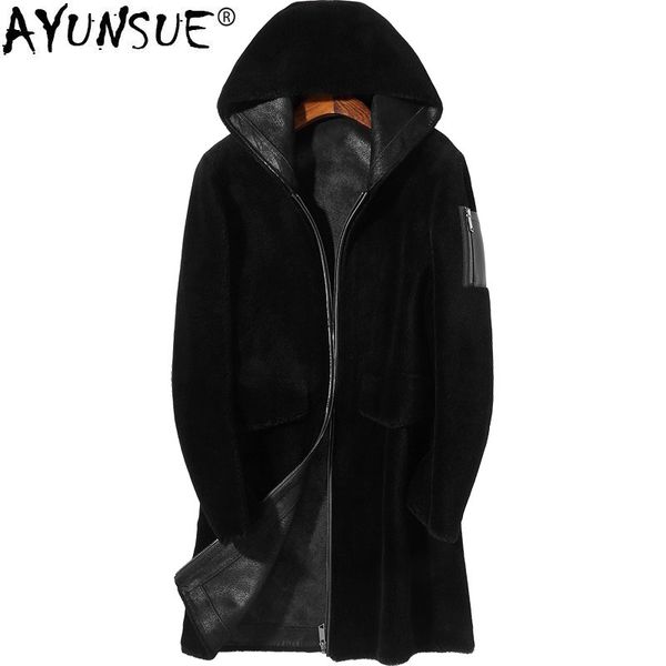 

ayunsue real fur coat winter jacket men real sheep shearling fur long coat mens jackets and coats plus size veste homme my1323, Black