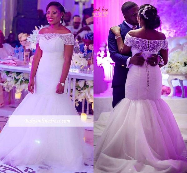 

gorgeous plus size wedding dresses beading crystals off shoulder tiers mermaid wedding bride gowns sweep train button back custom, White