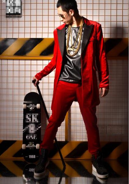 

man han edition of the new fashion personality anchor bar singer stage costumes dance suit red suede coat restoring ancient ways m - 2 xl, Black;red