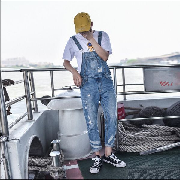 

summer new suspenders men fashion tide hole jeans trouser denim jumpsuit for men bib pants singer overalls stage costumes, Black