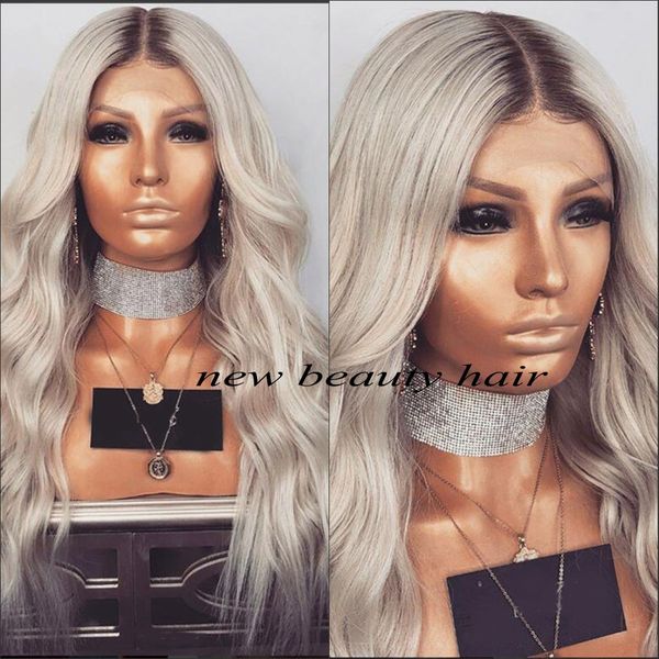 

long deep part wavy wigs high density temperature swiss lace synthetic lace front wigs ombre grey wig cosplay hair for women, Black