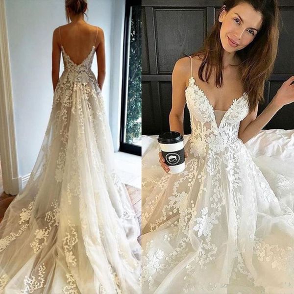 

backless lace beach wedding dresses 2018 spaghetti straps a line sweep train bridal gowns handmade bruidsjurken women robe mariage, White