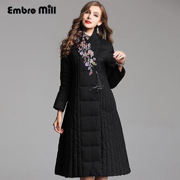 

royal embroidery flowers down jacket coat women winter flowers vintage lady floral loose white duck down parkas female s-xxl, Black