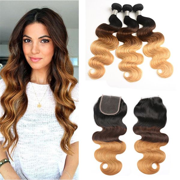 Melhor Cabelo Virgem Ombre Weave Bundles com Fechamento 3 Tom Loiro 1B / 4/27 Ombre Brasileira Onda Do Corpo Do Cabelo Humano Extensões com Fecho