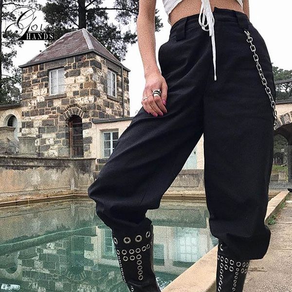 

gold hands women casual high waist pants spring women elastic waist trousers with pockets loose chain detail ankle length pants, Black;white