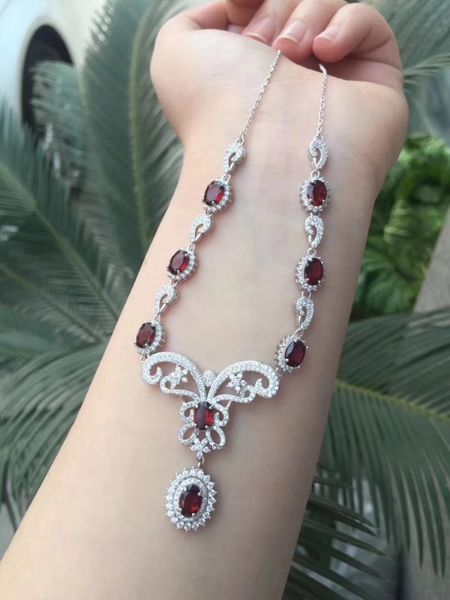 

natural red garnet gem pendant necklace natural gemstone necklace 925 sliver trendy butterfly dragonfly women wedding jewelry, Silver
