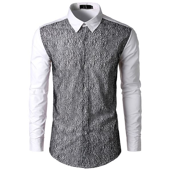 

white black mesh patchwork shirt men 2018 brand new slim long sleeve mens shirts business casual button down dress shirts male