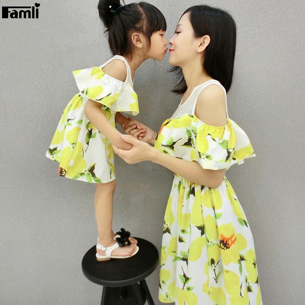 Famli Mom Daughter Lemon Print Dresses Family Mother Baby Girl