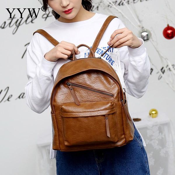 

2018 pu leather backpack sewing thread bag women soft surface backpack brown bookbag lady sackpack travel