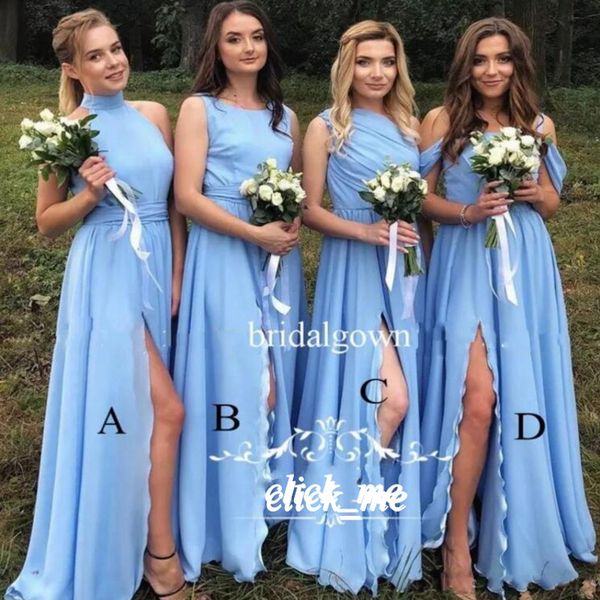 

mix style chiffon bridesmaids dresses side split long country beach maid of honor dresses halter one /off shoulder wedding guest gowns, White;pink