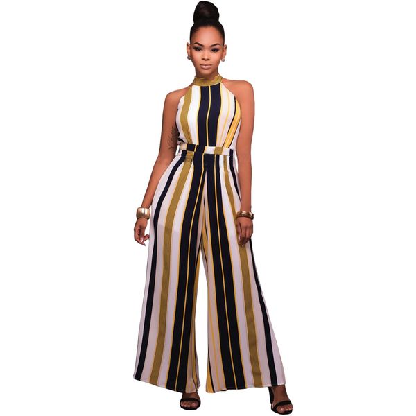 

multi stripe women jumpsuit romper loose warp high waist summer jumpsuit playsuit beach wide leg overalls combine, Black;white