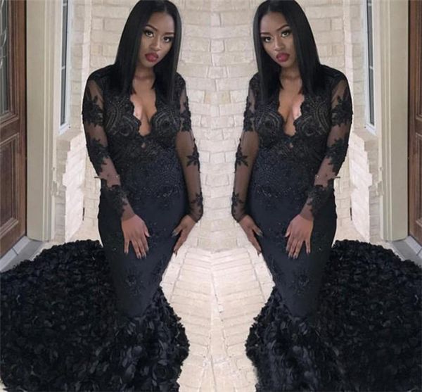 

african black prom dresses mermaid sheer long sleeves lace evening dresses with rose train arabic dubai party gowns