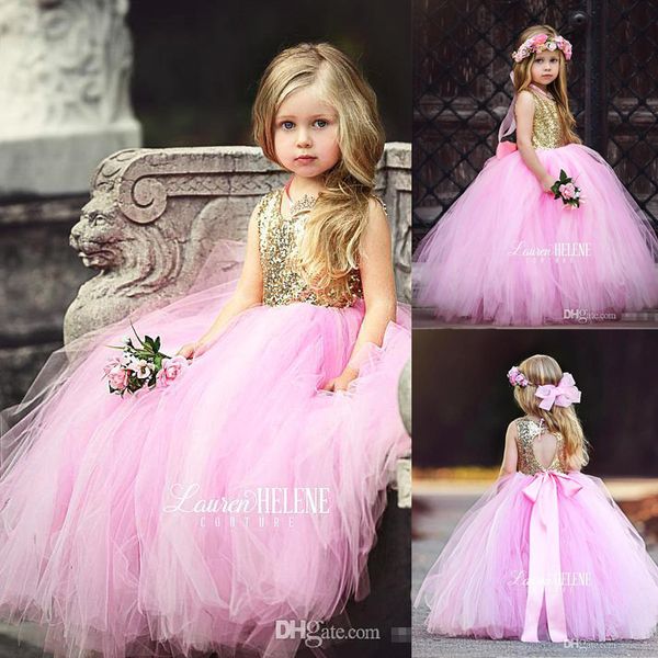 

pink gold sequins flower girls' dresses tulle tiered skirts how back with bow sleeveless jewel kids princess birthday party pageant gow, White;blue